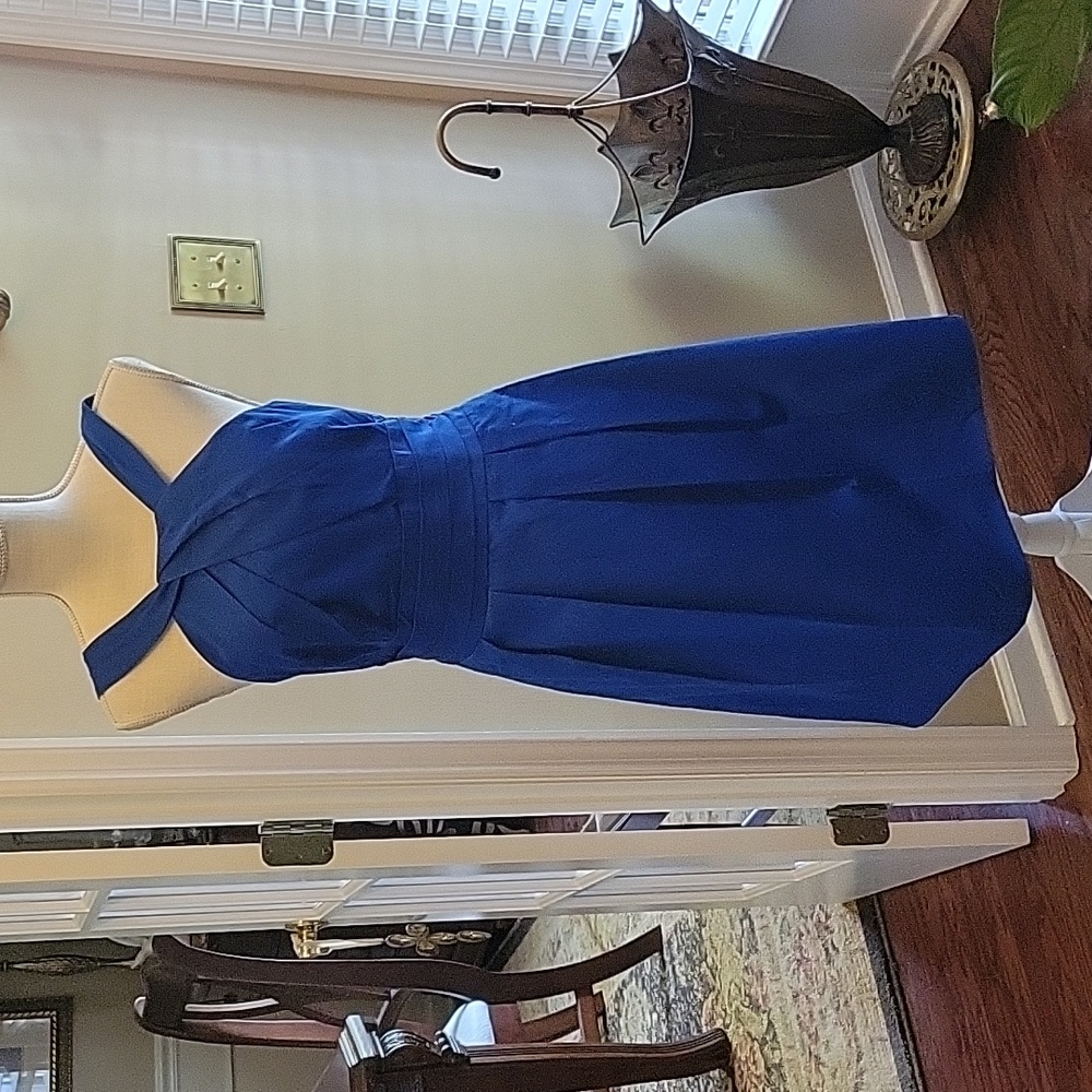 David's Bridal royal blue halter dress empire waist pleated 100% POCKETS 6 EUC